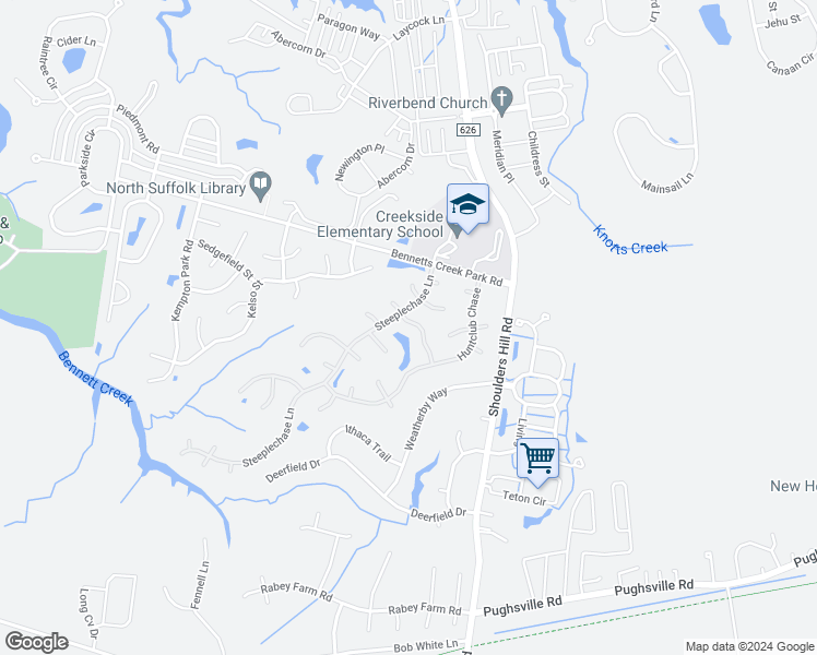 map of restaurants, bars, coffee shops, grocery stores, and more near 3004 Waterjump Crescent in Suffolk