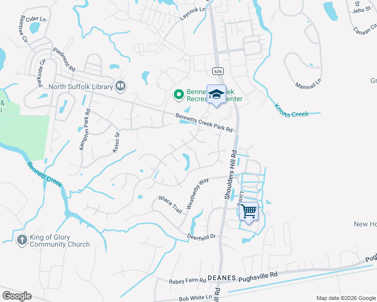 map of restaurants, bars, coffee shops, grocery stores, and more near 3004 Waterjump Crescent in Suffolk