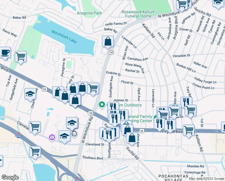 map of restaurants, bars, coffee shops, grocery stores, and more near 416 Southgate Avenue in Virginia Beach