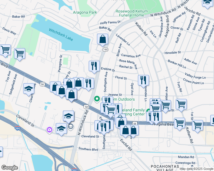 map of restaurants, bars, coffee shops, grocery stores, and more near 416 Southgate Avenue in Virginia Beach