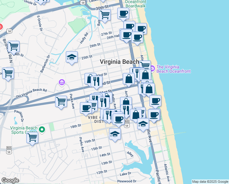map of restaurants, bars, coffee shops, grocery stores, and more near 438 21st Street in Virginia Beach