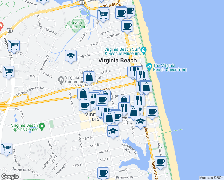 map of restaurants, bars, coffee shops, grocery stores, and more near 418 20th Street in Virginia Beach