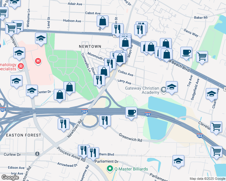 map of restaurants, bars, coffee shops, grocery stores, and more near 5741 Cleveland Street in Virginia Beach
