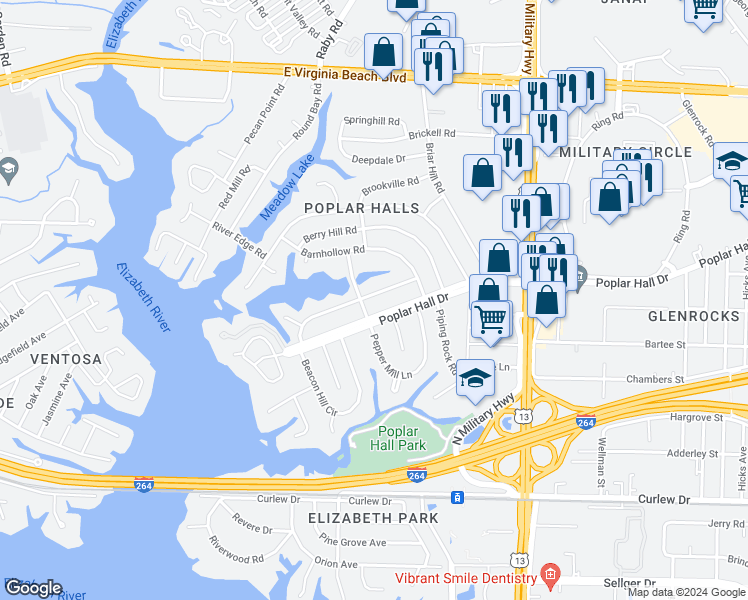 map of restaurants, bars, coffee shops, grocery stores, and more near 5509 Sandpiper Lane in Norfolk