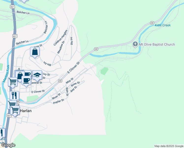 map of restaurants, bars, coffee shops, grocery stores, and more near 403 Red Dog Road in Harlan