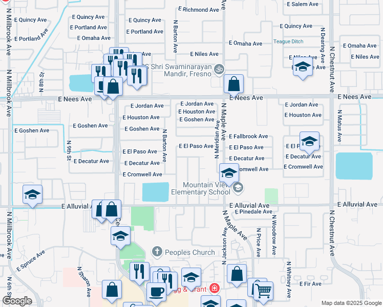 map of restaurants, bars, coffee shops, grocery stores, and more near 1776 East El Paso Avenue in Fresno
