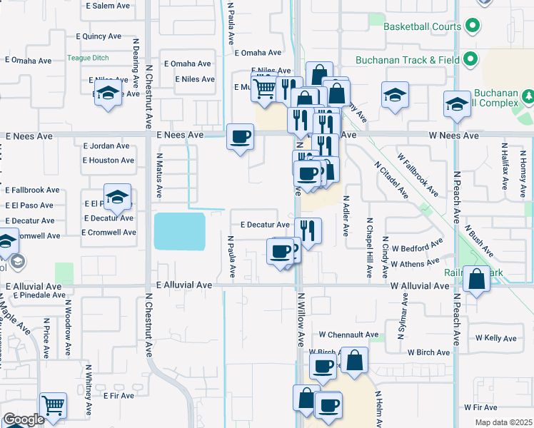 map of restaurants, bars, coffee shops, grocery stores, and more near 2925 East El Paso Avenue in Fresno