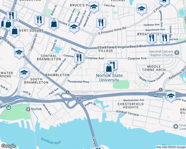 map of restaurants, bars, coffee shops, grocery stores, and more near 700 Park Avenue in Norfolk