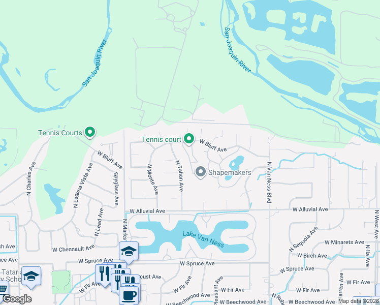 map of restaurants, bars, coffee shops, grocery stores, and more near 2727 West Bluff Avenue in Fresno