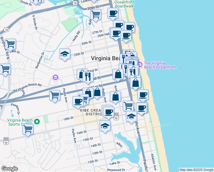 map of restaurants, bars, coffee shops, grocery stores, and more near 428 21st Street in Virginia Beach