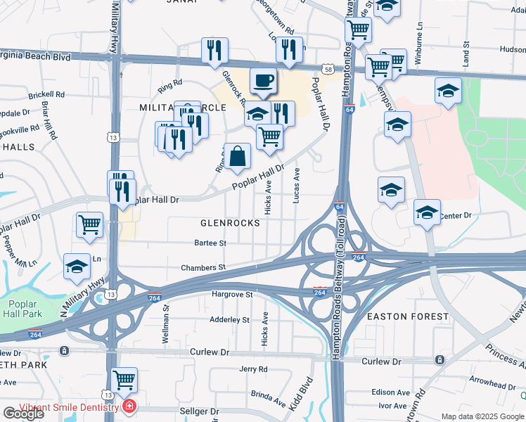 map of restaurants, bars, coffee shops, grocery stores, and more near 445 Hicks Avenue in Norfolk