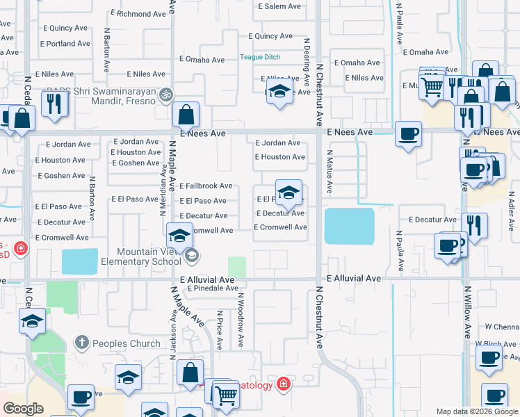 map of restaurants, bars, coffee shops, grocery stores, and more near 2302 East El Paso Avenue in Fresno