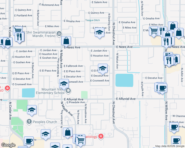 map of restaurants, bars, coffee shops, grocery stores, and more near 2302 East El Paso Avenue in Fresno