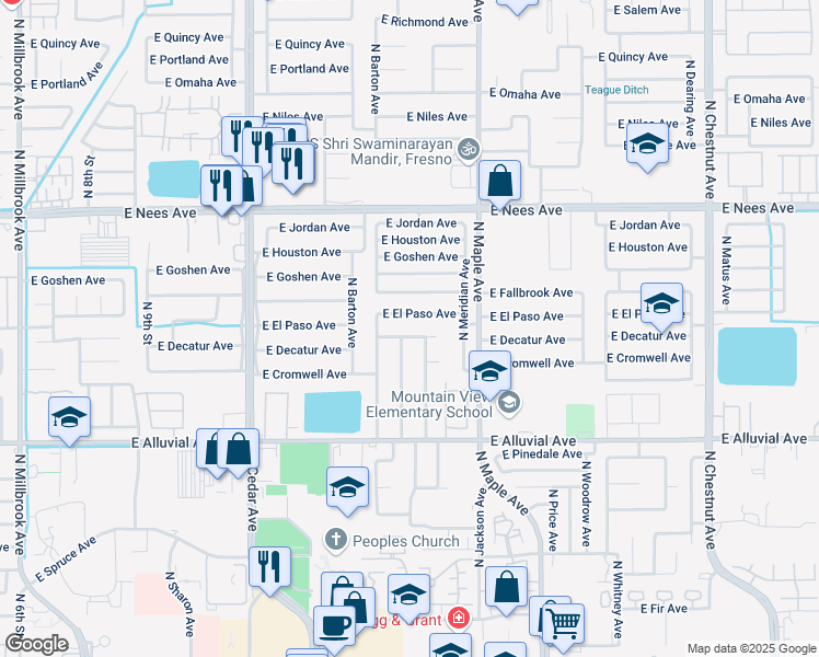 map of restaurants, bars, coffee shops, grocery stores, and more near 1776 East El Paso Avenue in Fresno