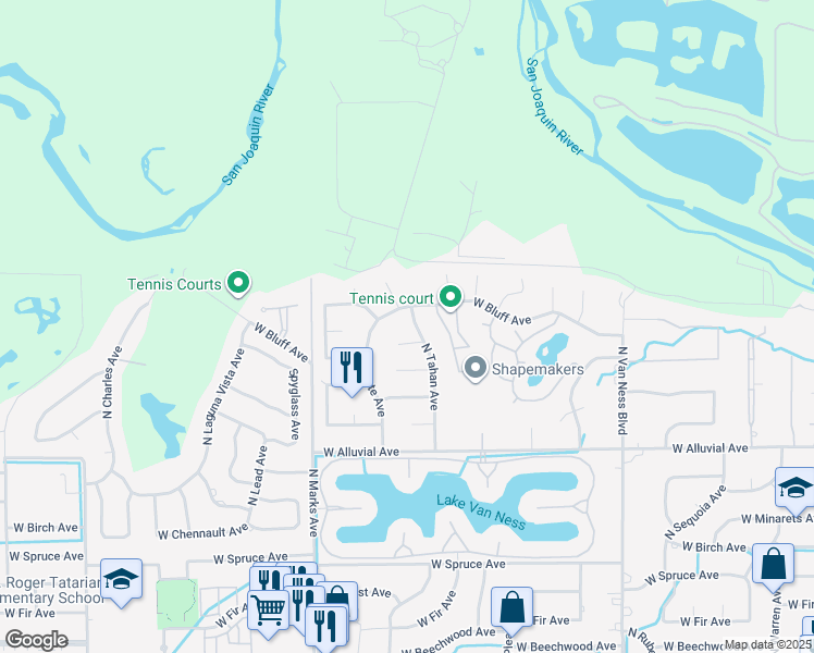 map of restaurants, bars, coffee shops, grocery stores, and more near 2788 West Bluff Avenue in Fresno
