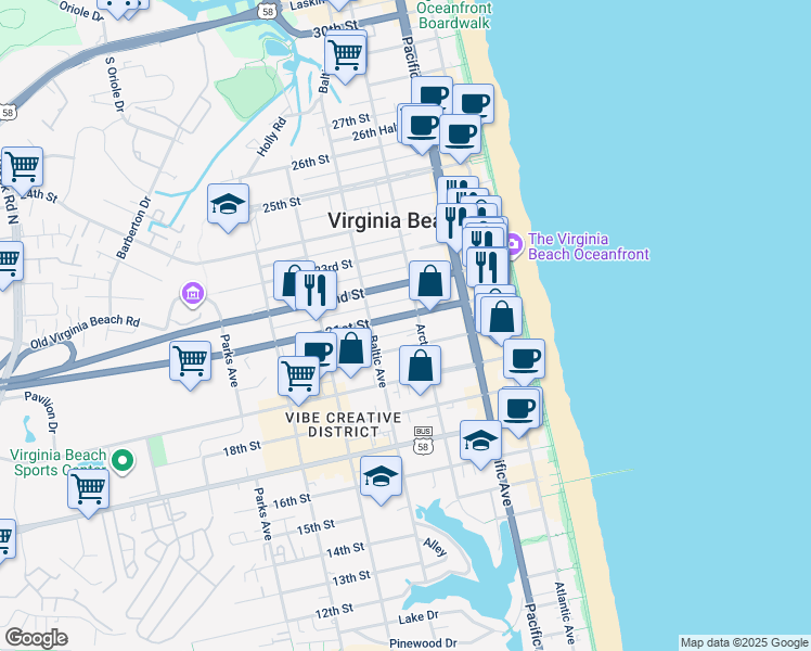 map of restaurants, bars, coffee shops, grocery stores, and more near 417 21 1/2 Street in Virginia Beach