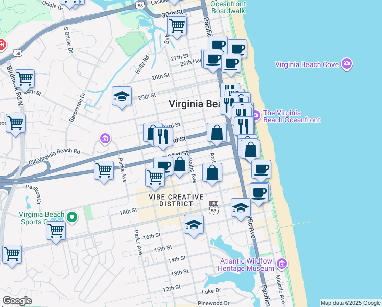 map of restaurants, bars, coffee shops, grocery stores, and more near 417 21 1/2 Street in Virginia Beach