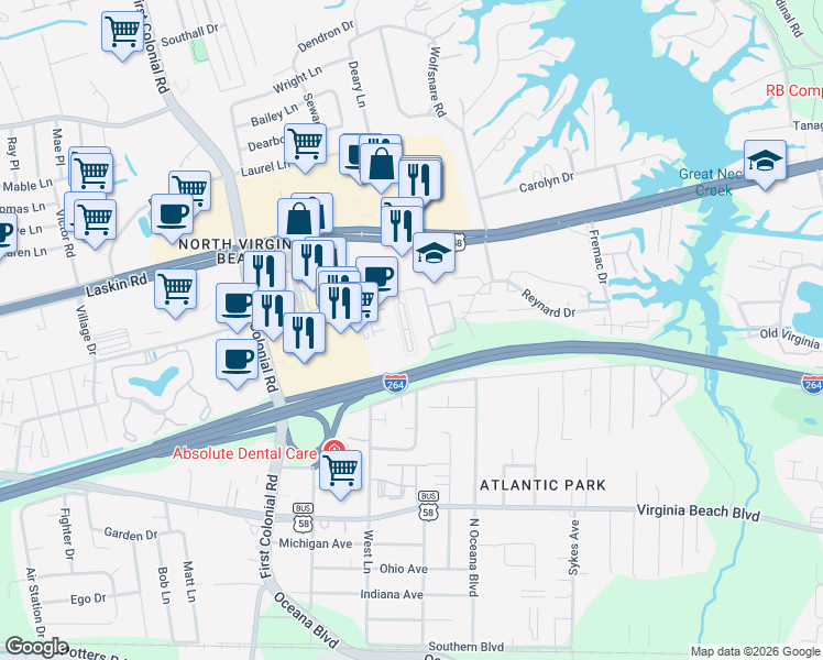 map of restaurants, bars, coffee shops, grocery stores, and more near 620 Suhtai Court in Virginia Beach