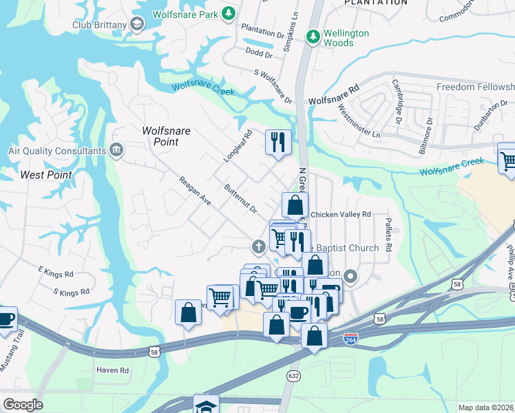 map of restaurants, bars, coffee shops, grocery stores, and more near 432 Chinaberry Court in Virginia Beach