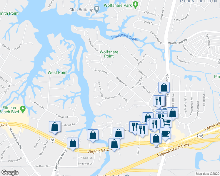map of restaurants, bars, coffee shops, grocery stores, and more near 312 Falling Lane in Virginia Beach