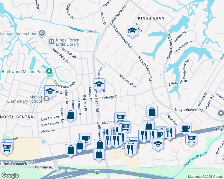 map of restaurants, bars, coffee shops, grocery stores, and more near 3324 King Richard Court in Virginia Beach