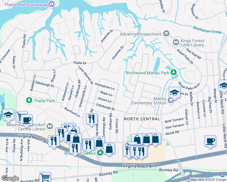 map of restaurants, bars, coffee shops, grocery stores, and more near 3809 Annie Lane in Virginia Beach
