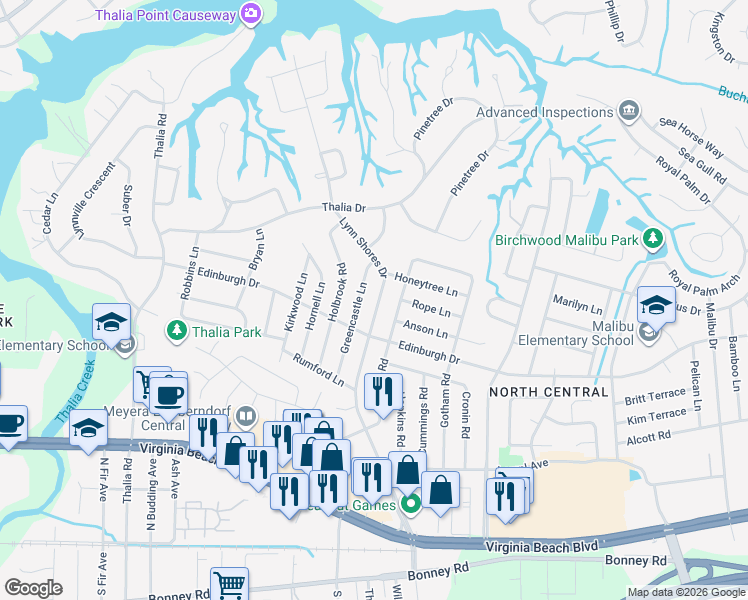 map of restaurants, bars, coffee shops, grocery stores, and more near 532 Lynn Shores Drive in Virginia Beach