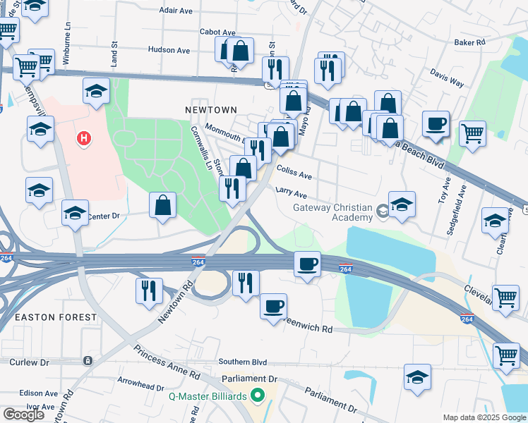 map of restaurants, bars, coffee shops, grocery stores, and more near 332 Newtown Road in Virginia Beach