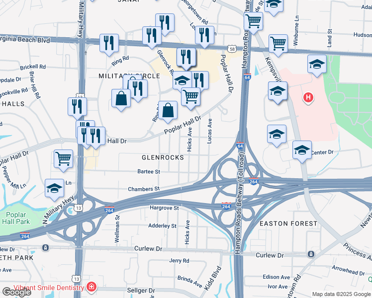 map of restaurants, bars, coffee shops, grocery stores, and more near 445 Hicks Avenue in Norfolk