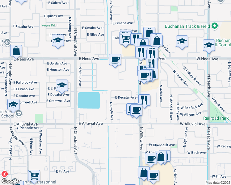 map of restaurants, bars, coffee shops, grocery stores, and more near 2809 East El Paso Avenue in Fresno