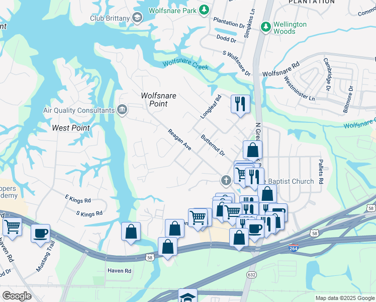 map of restaurants, bars, coffee shops, grocery stores, and more near 2491 Reagan Avenue in Virginia Beach