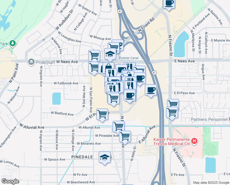map of restaurants, bars, coffee shops, grocery stores, and more near 7723 North Blackstone Avenue in Fresno