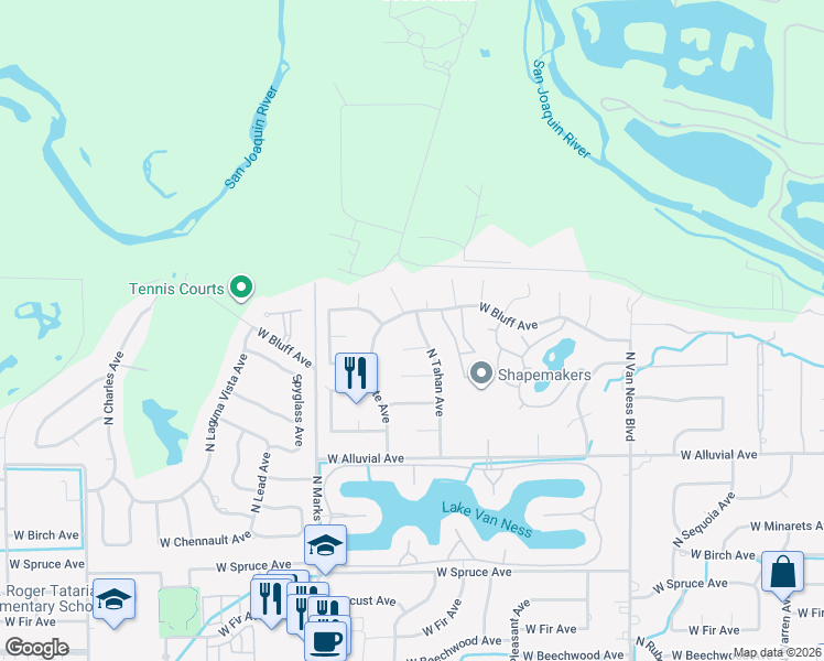 map of restaurants, bars, coffee shops, grocery stores, and more near 2788 West Bluff Avenue in Fresno