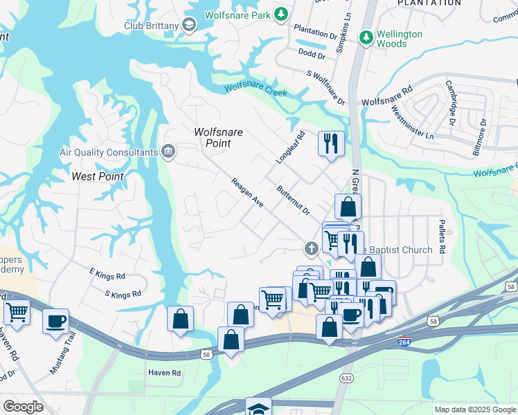map of restaurants, bars, coffee shops, grocery stores, and more near 2491 Reagan Avenue in Virginia Beach