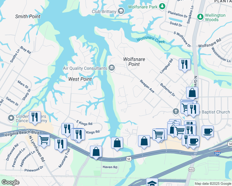 map of restaurants, bars, coffee shops, grocery stores, and more near 445 Benlea Circle in Virginia Beach