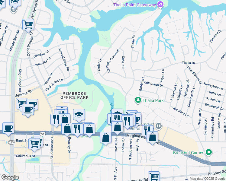 map of restaurants, bars, coffee shops, grocery stores, and more near 413 Cedar Ln in Virginia Beach