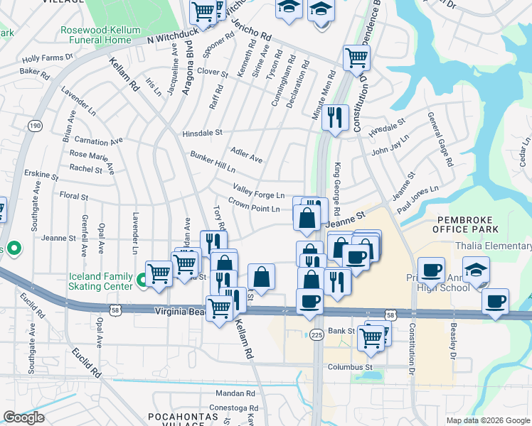 map of restaurants, bars, coffee shops, grocery stores, and more near 4633 Valley Forge Lane in Virginia Beach