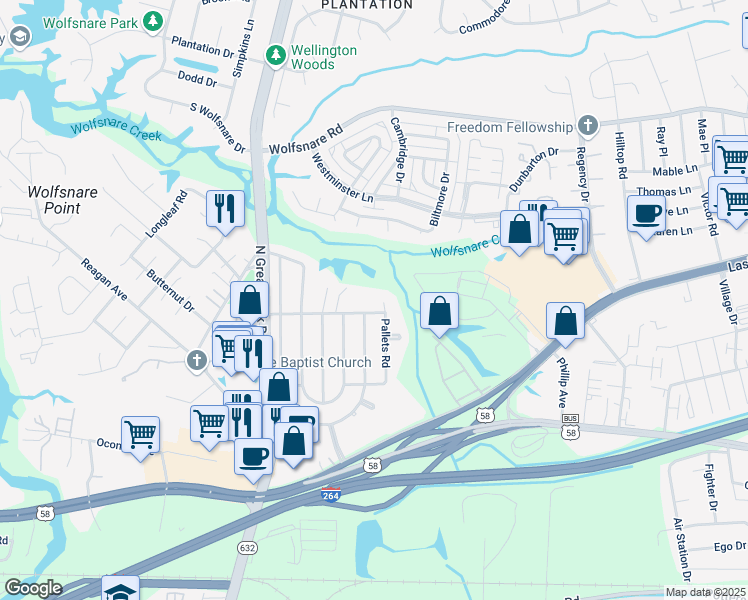 map of restaurants, bars, coffee shops, grocery stores, and more near 2128 Chicken Valley Road in Virginia Beach
