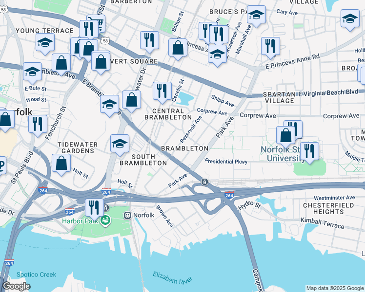 map of restaurants, bars, coffee shops, grocery stores, and more near 728 Reservoir Avenue in Norfolk