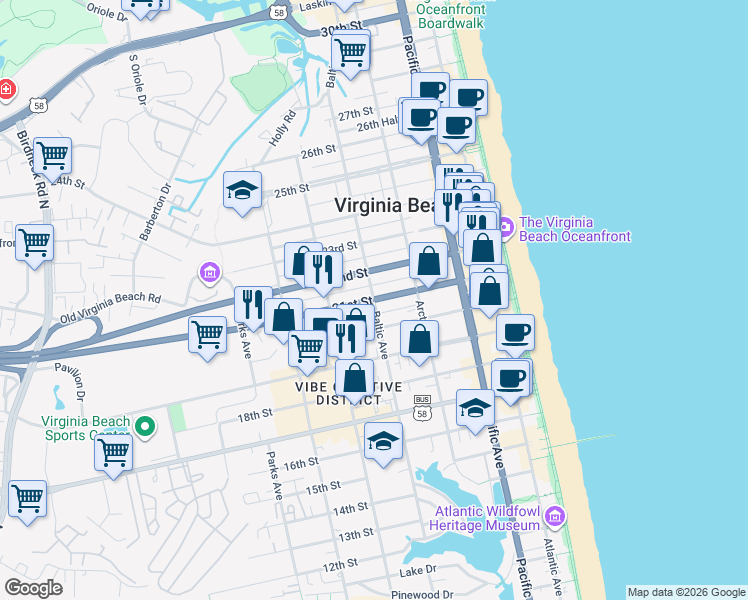 map of restaurants, bars, coffee shops, grocery stores, and more near in Virginia Beach