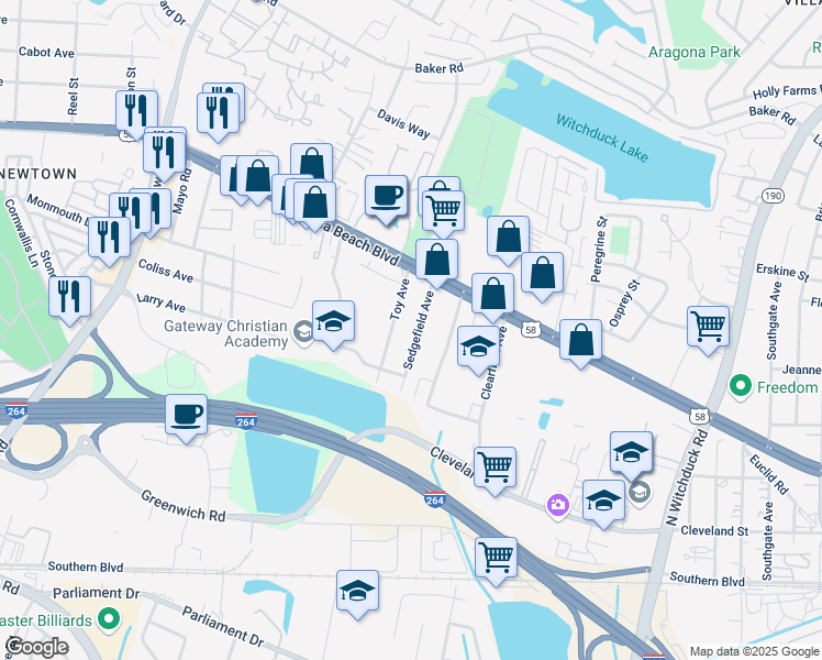 map of restaurants, bars, coffee shops, grocery stores, and more near 278 Toy Avenue in Virginia Beach