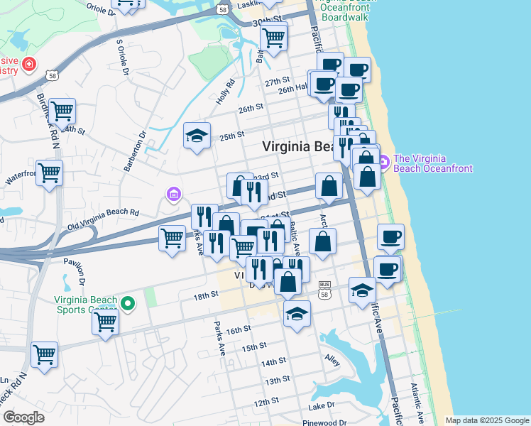map of restaurants, bars, coffee shops, grocery stores, and more near 548 22nd Street in Virginia Beach