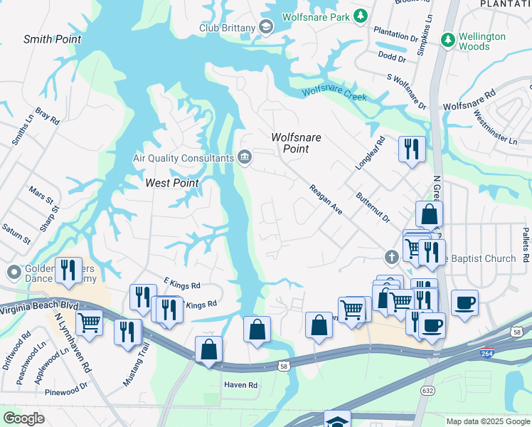map of restaurants, bars, coffee shops, grocery stores, and more near 445 Benlea Circle in Virginia Beach