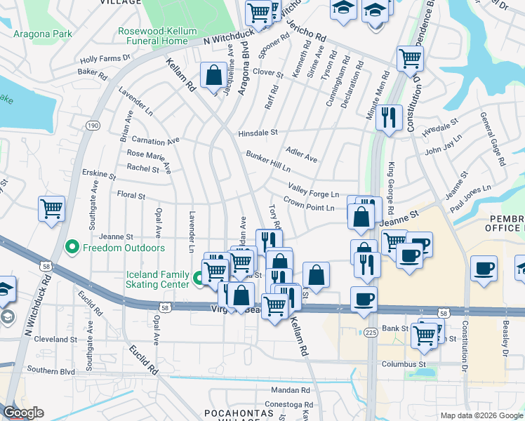 map of restaurants, bars, coffee shops, grocery stores, and more near 4721 Crown Point Lane in Virginia Beach
