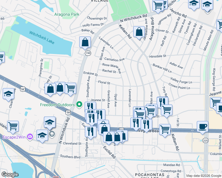 map of restaurants, bars, coffee shops, grocery stores, and more near 4949 Floral Street in Virginia Beach