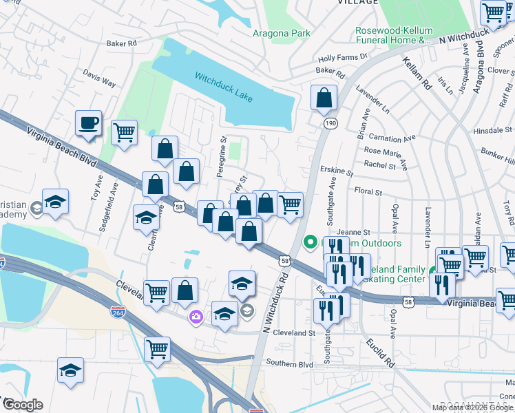map of restaurants, bars, coffee shops, grocery stores, and more near 5112 Condor Street in Virginia Beach