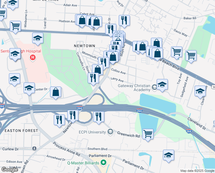 map of restaurants, bars, coffee shops, grocery stores, and more near 5757 Cleveland Street in Virginia Beach