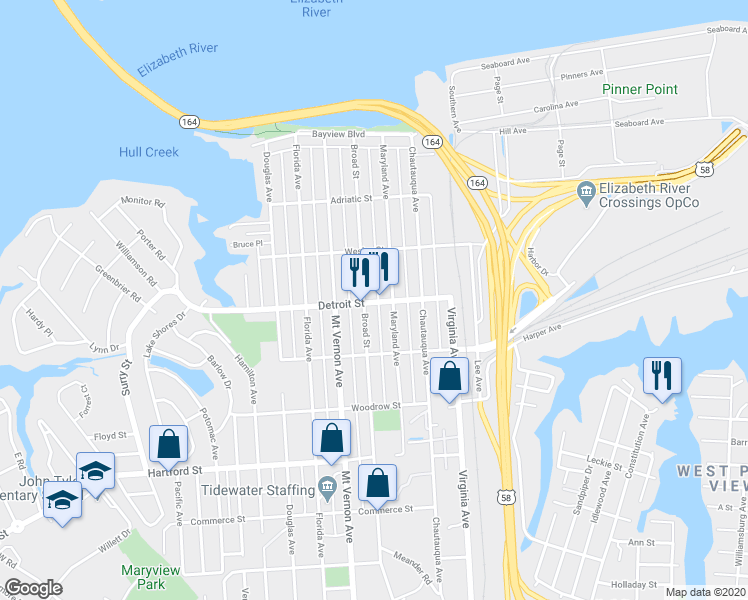 map of restaurants, bars, coffee shops, grocery stores, and more near 2624 Detroit Street in Portsmouth