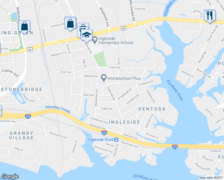map of restaurants, bars, coffee shops, grocery stores, and more near 904 Ingleside Road in Norfolk