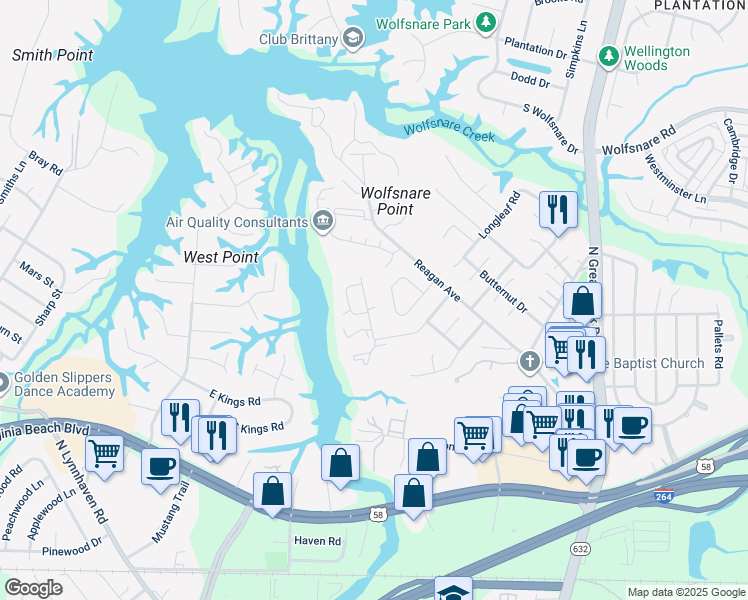 map of restaurants, bars, coffee shops, grocery stores, and more near 408 Back Acres Court in Virginia Beach